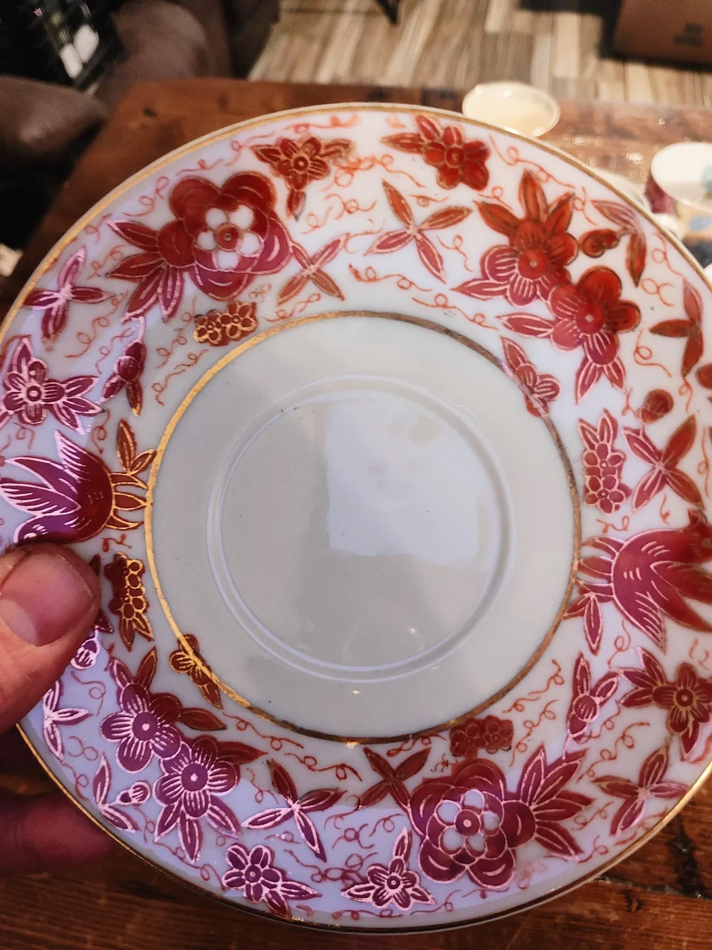Porcelain Teacup and Saucer - White with Rust Floral Pattern